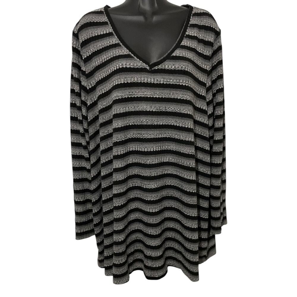 Lane Bryant Womens Sweater Plus Size 22/24 V Neck Striped Long Sleeve Gray Black